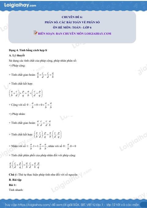 Dạng 4. Tính bằng cách hợp lí Chủ đề 6 Ôn hè Toán 6